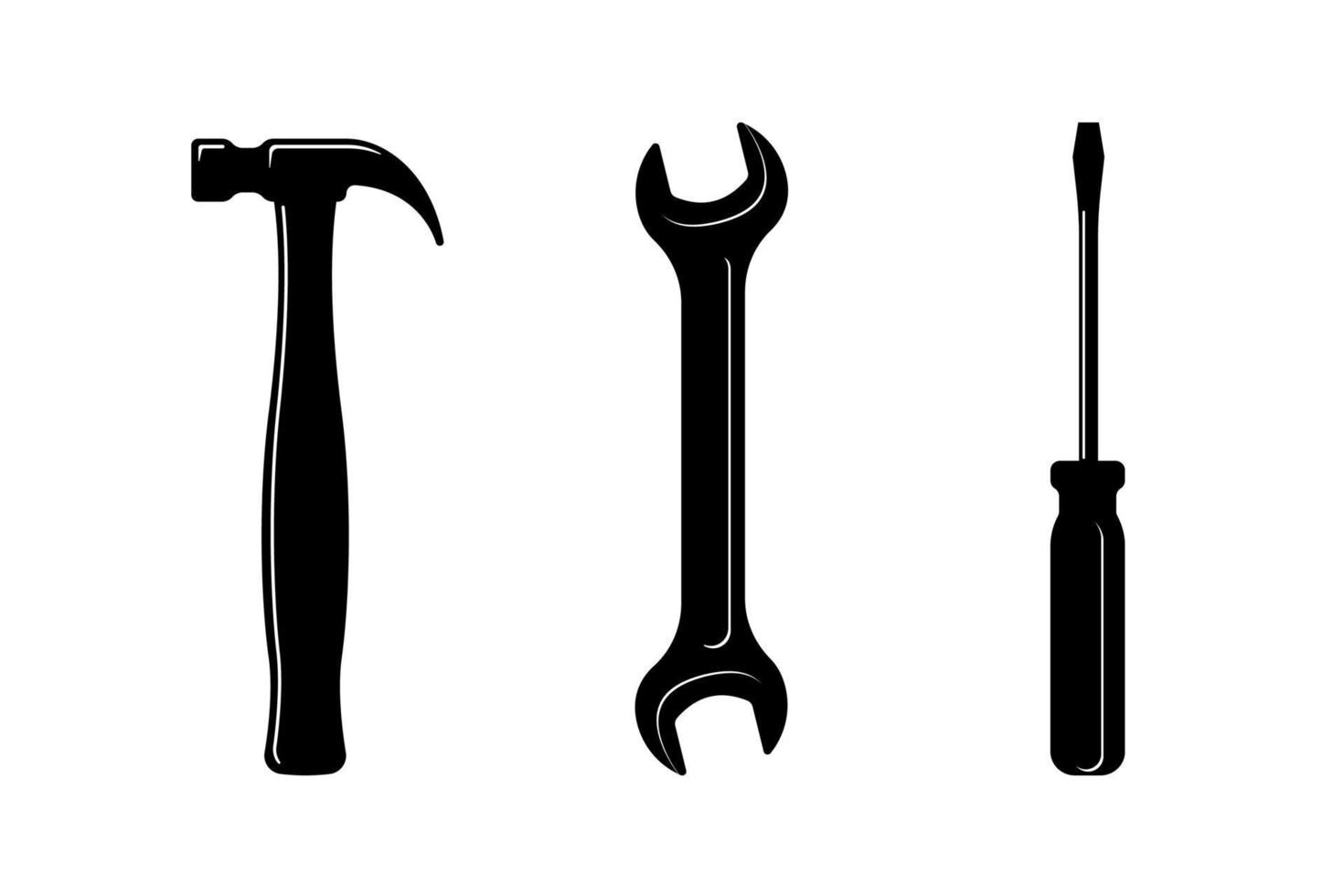 Hammer, screwdriver, wrench or spanner black icon set. Handyman tools symbol collection for repair. Maintenance service themed sign silhouettes. Construction industry pictograms. Vector illustration