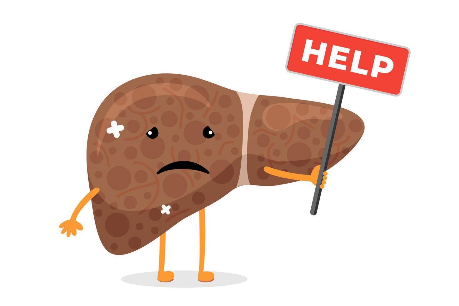 Cartoon sad suffering sick liver character. Unhealthy damage exocrine system gland internal organ mascot with help sign. Illness and pain hepatic concept. Human viscus destruction. Vector illustration