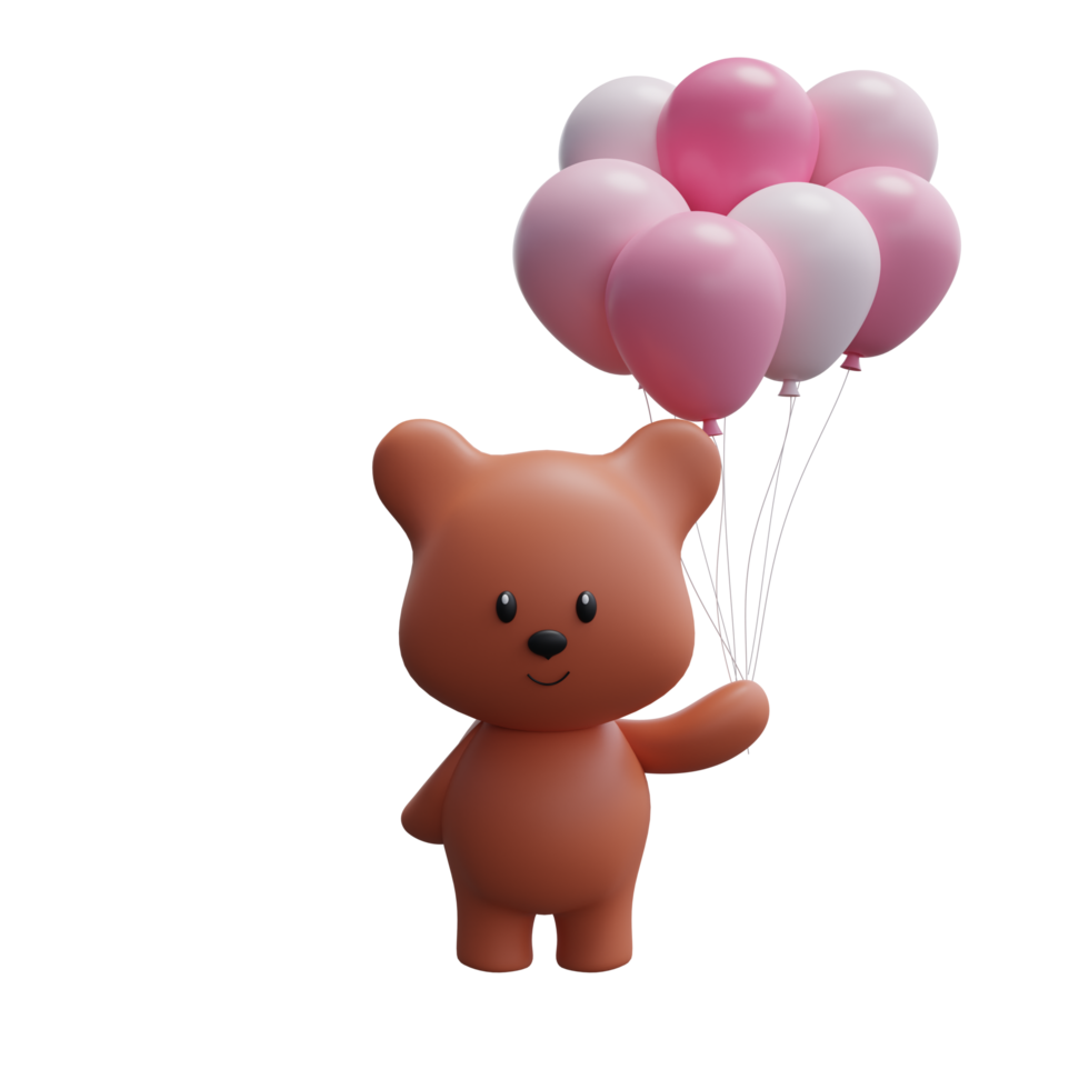 Ours de dessin animé mignon 3d avec des ballons. rendu 3d. png