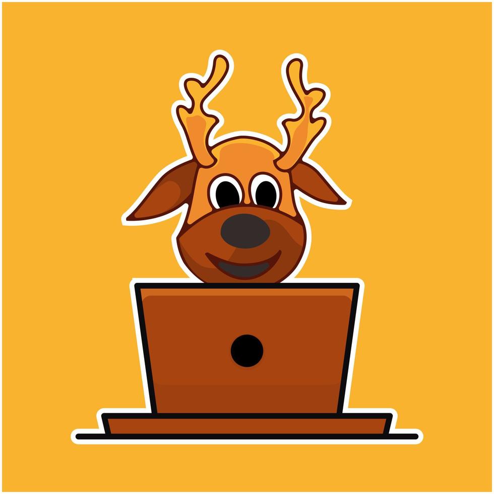 cute deer and laptop logo design vector