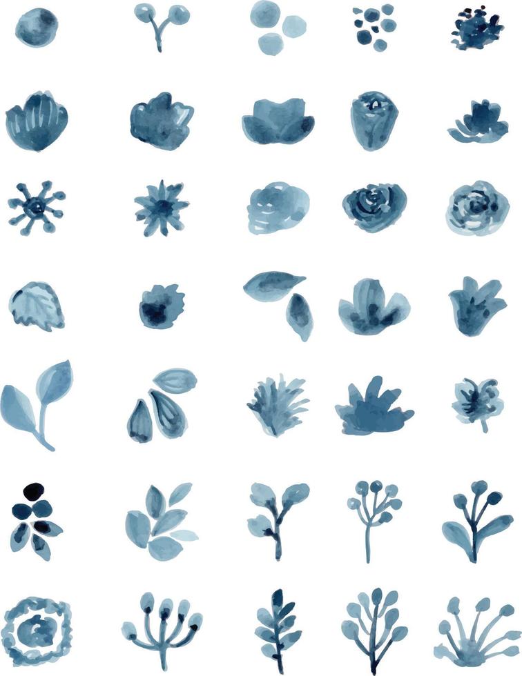 Set of watercolor floral elements isolated on white background. Loose watercolor technique. vector