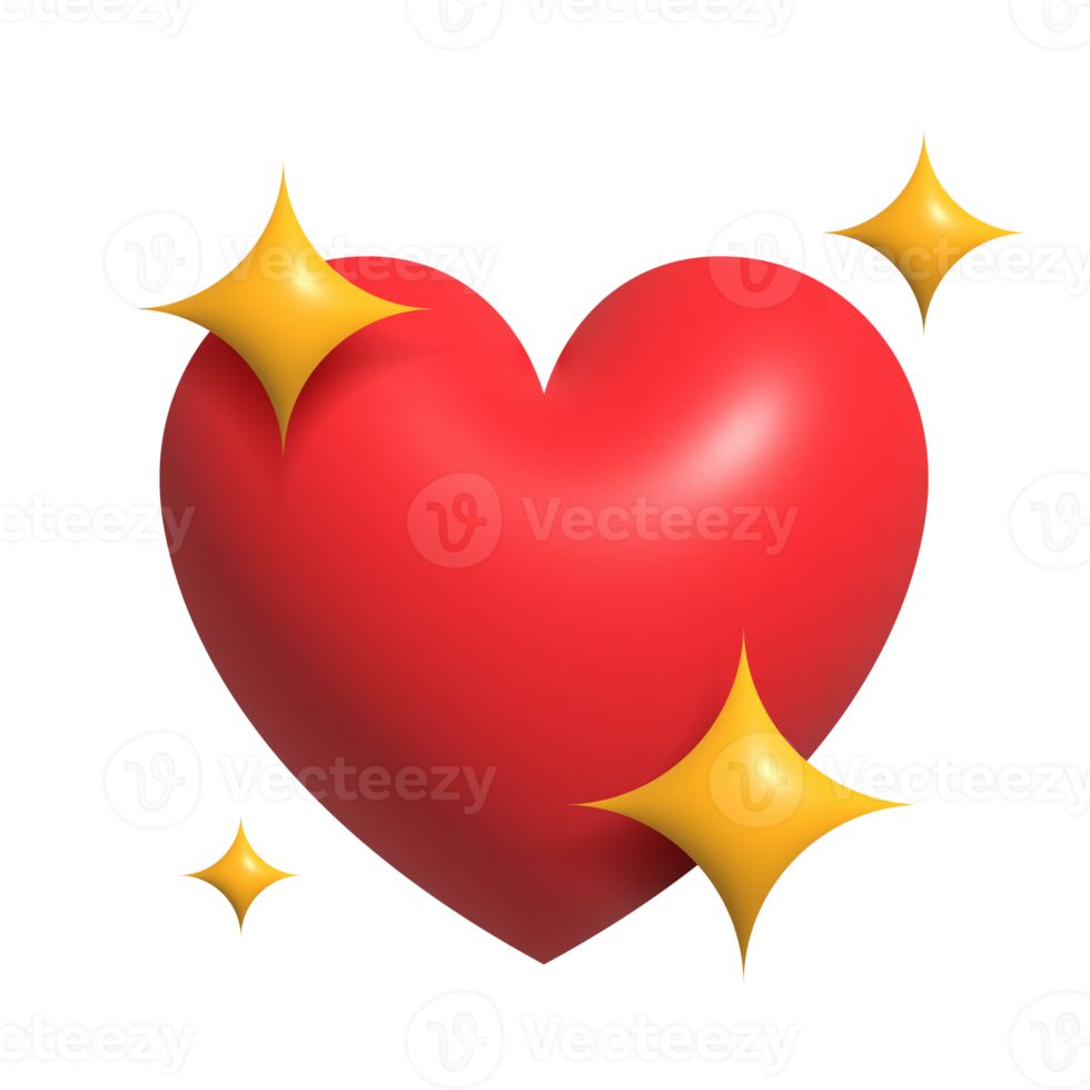 3D-Herzen mit glänzenden Symbolsternen funkeln Feuerwerk, Dekoration funkeln. Schaltfläche zum Ausdrücken des Konzeptdesigns für soziale Smileys zum Valentinstag png