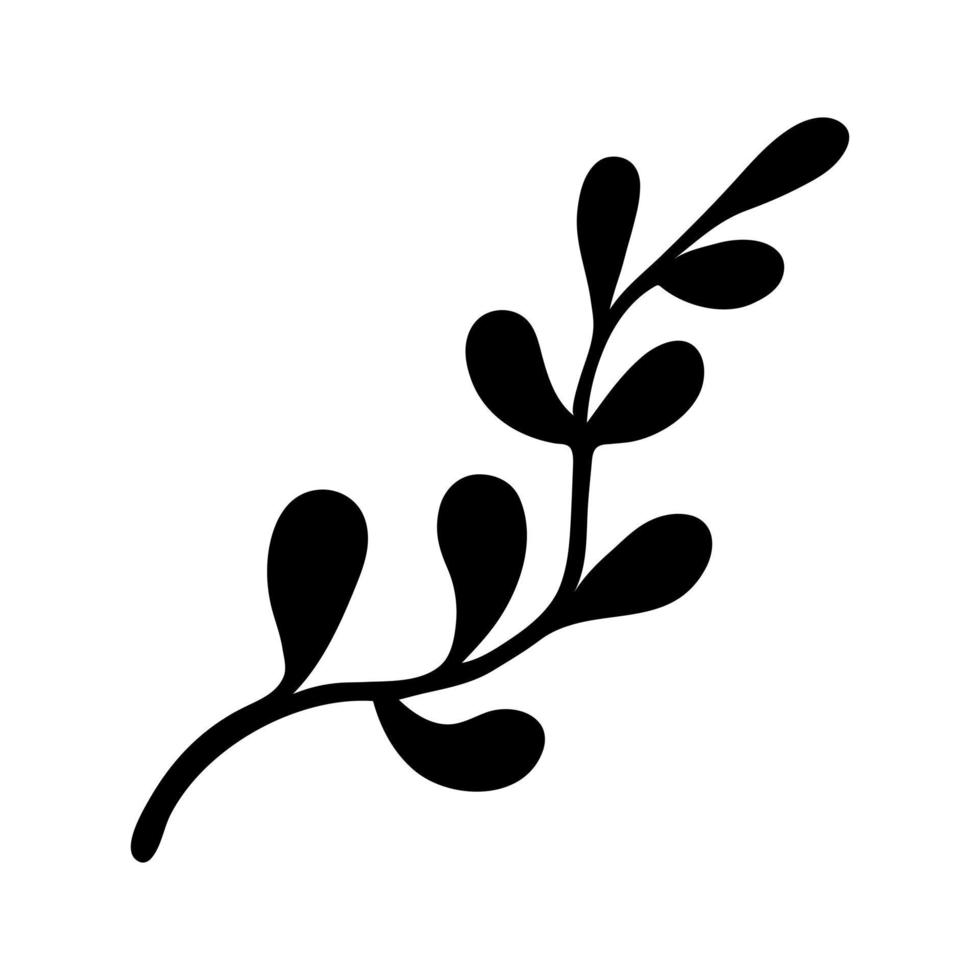 Branch vector icon. Black silhouette of a twig with leaves. Hand drawn illustration isolated on white. Shrub sprig, algae or vine. Wild forest plant, tree stick. Clipart for cards, cosmetics, logo