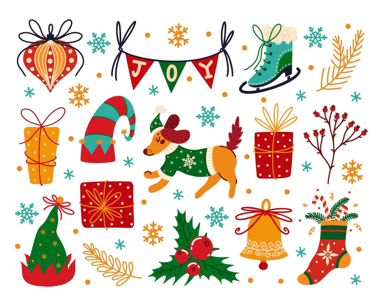 feliz navidad y feliz año nuevo conjunto de iconos vectoriales. símbolos de vacaciones de invierno: acebo, regalos, campana, árbol, calcetín festivo, perro lindo, copo de nieve, sombrero de santa claus. clipart plano de dibujos animados para impresiones, tarjetas vector
