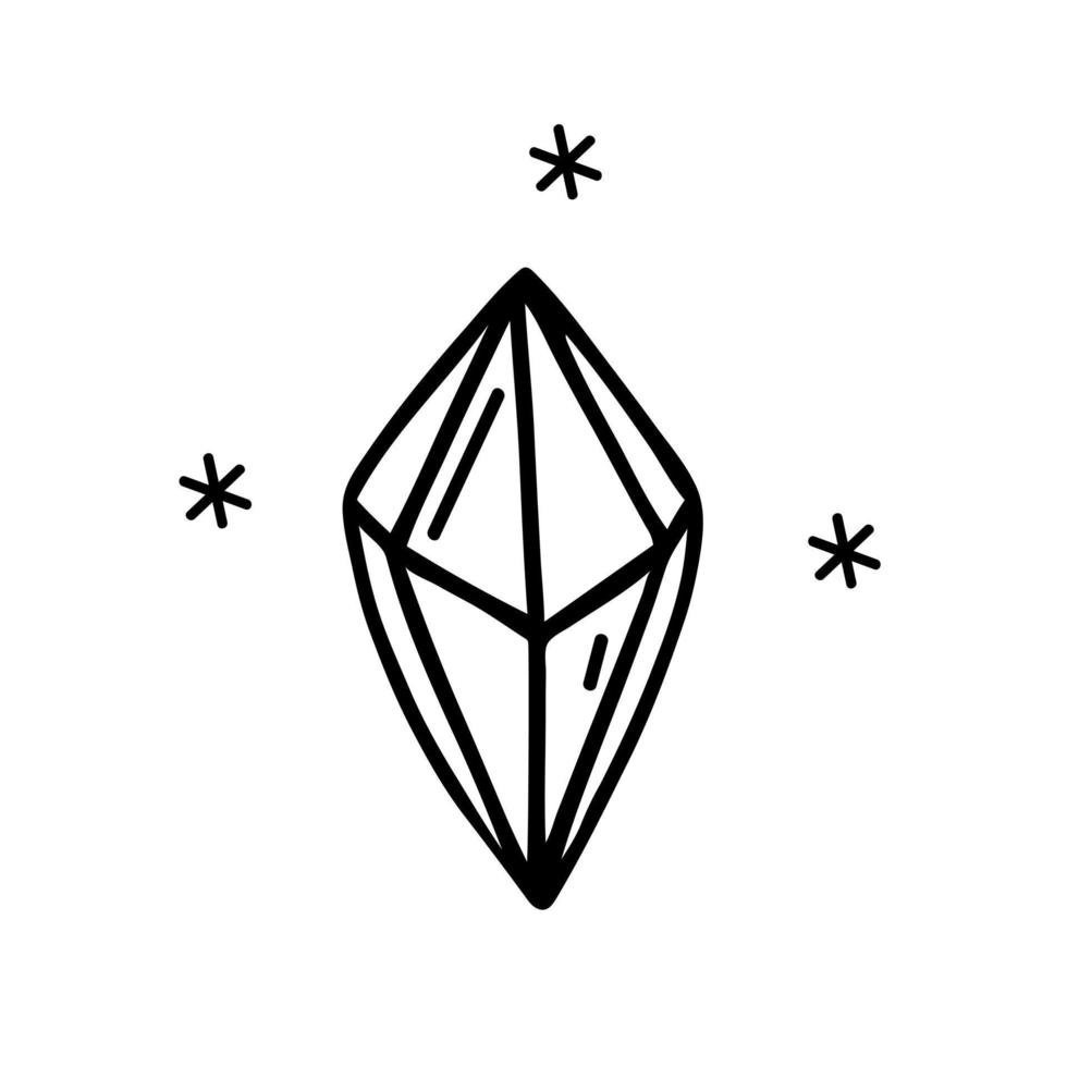 icono de vector de cristal brillante. cuarzo de vidrio, una hermosa piedra preciosa. prisma mágico. piedra lunar aislada sobre fondo blanco. garabato simple, contorno negro. clipart plano de dibujos animados para tarjetas, impresión, carteles