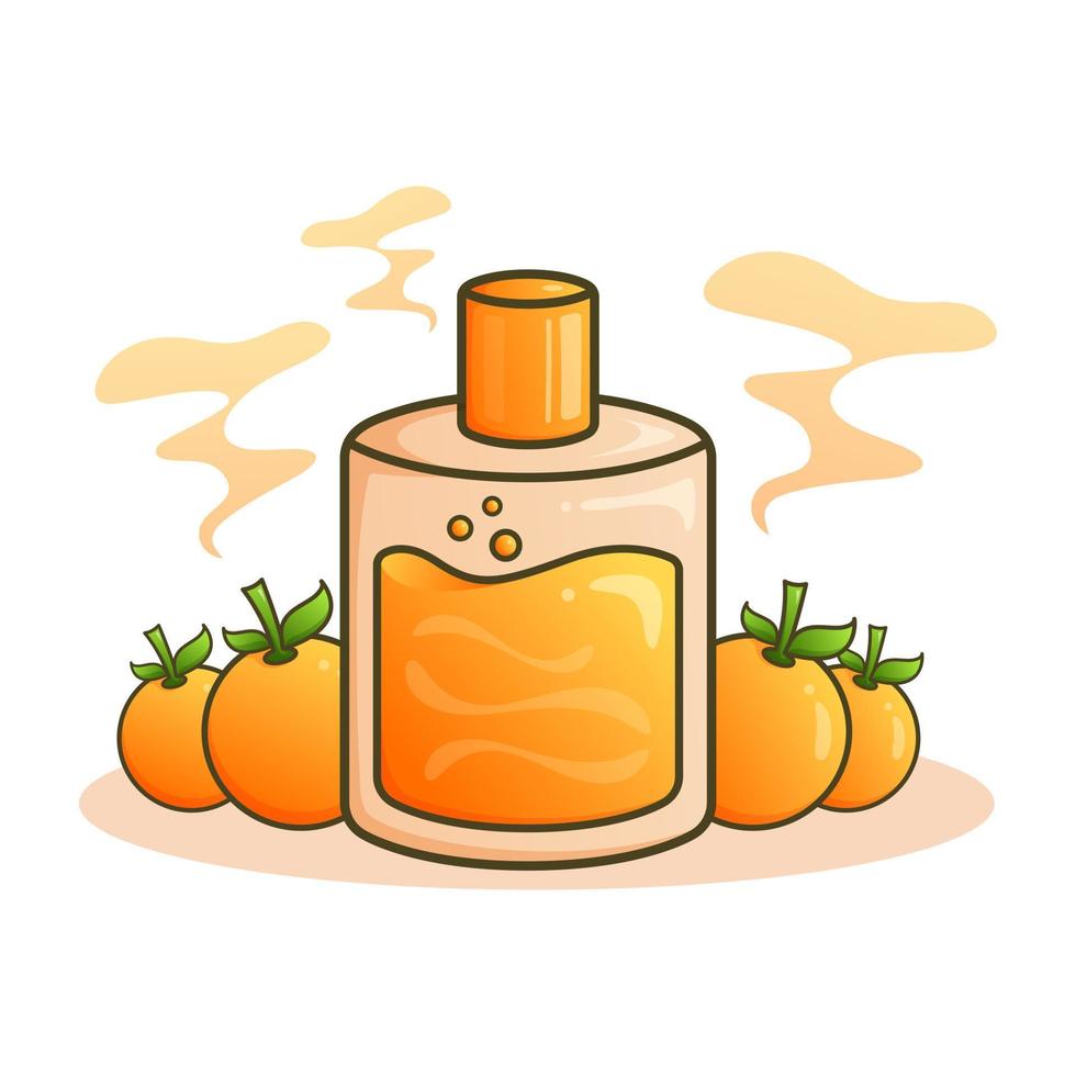 lindo adorable caricatura naranja fruta perfume aroma agua ilustración para pegatina icono mascota y logotipo vector