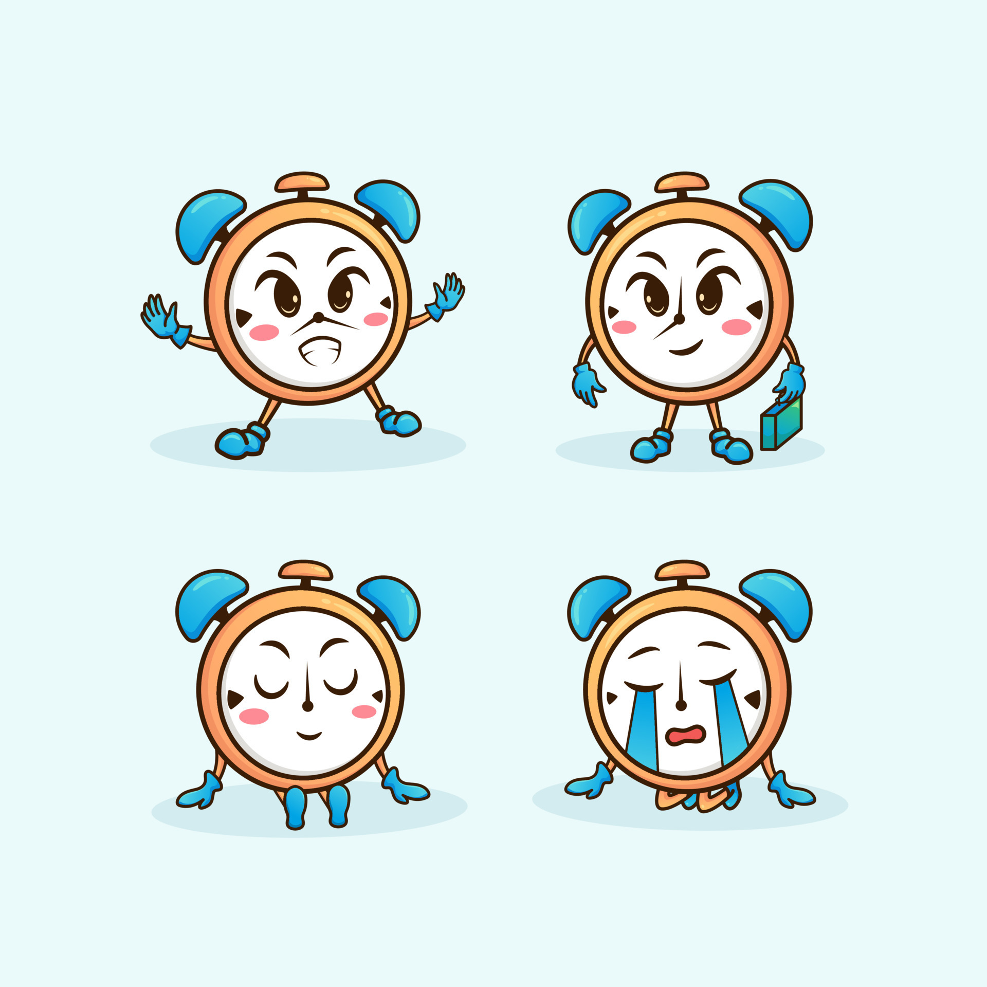 Cute adorable cartoon happy sad alarm clock illustration for sticker