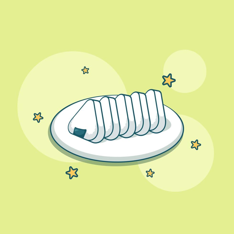 lindo adorable caricatura deliciosa onigiri sushi en placa ilustración para pegatina icono mascota y logotipo vector