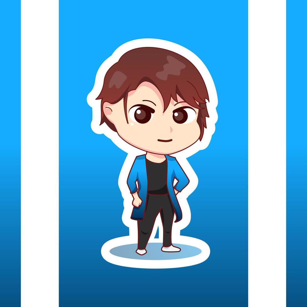 Cute illustration chibi anime cartoon boy standing happy face web sticker icon mascot logo emote vector