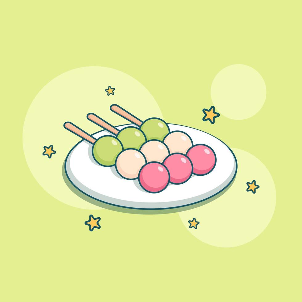 lindo adorable dibujo animado dango mochi onigiri postre ilustración para pegatina icono mascota y logotipo vector