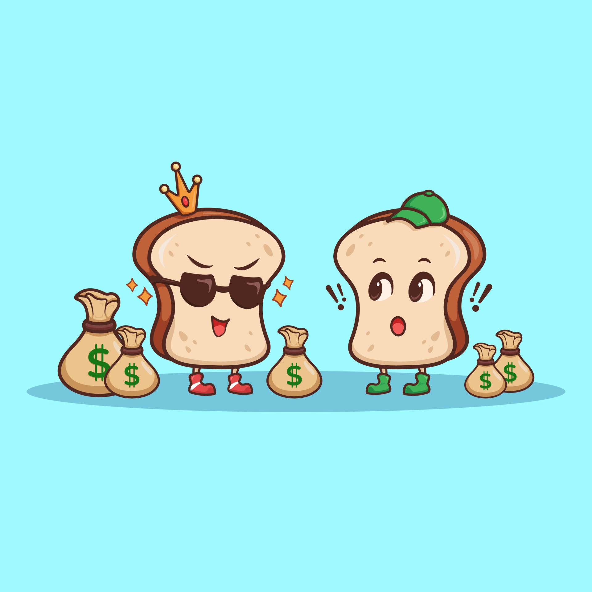 Cute adorable cartoon rich brown bread flexing money illustration for sticker icon mascot and