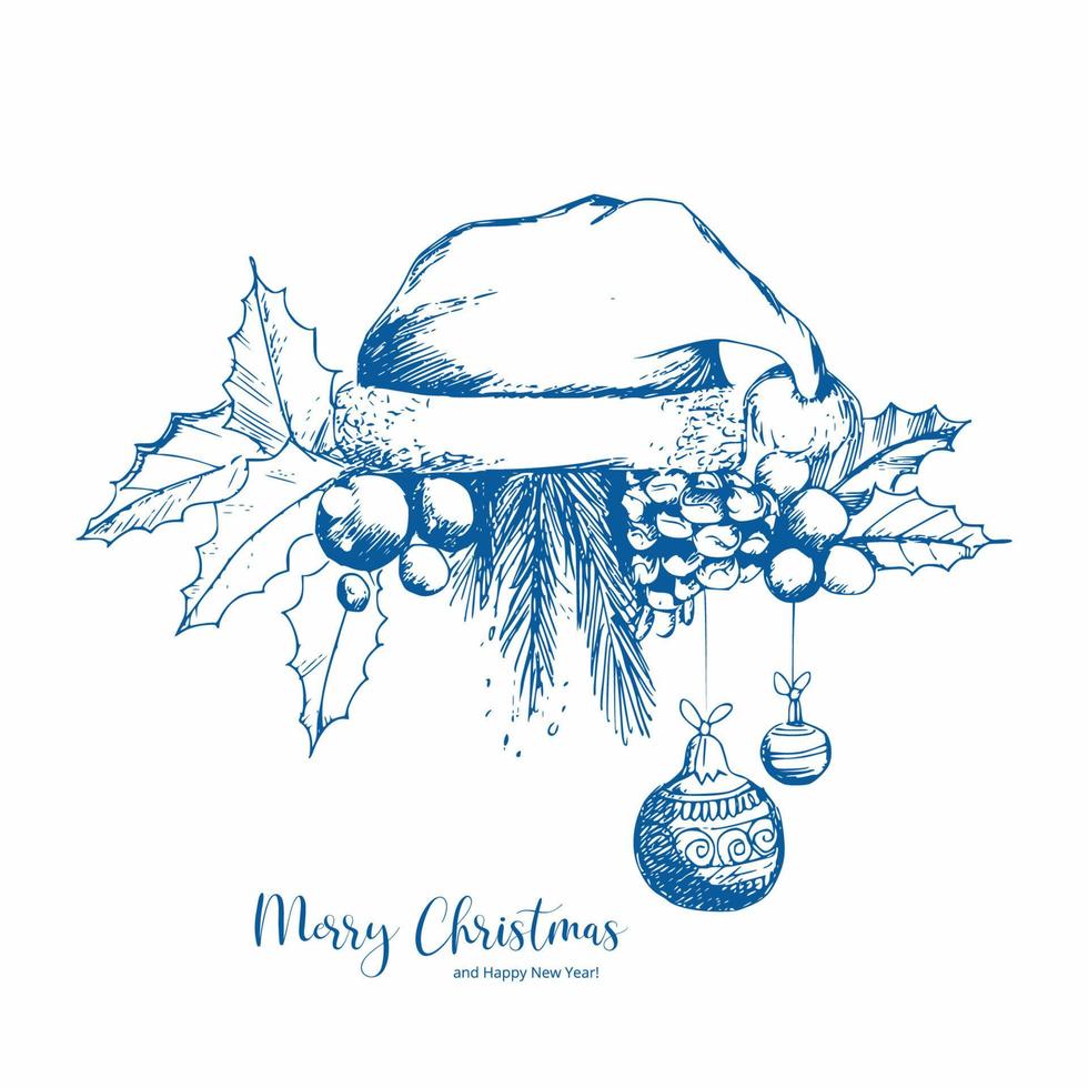 diseño de tarjeta de bosquejo de navidad de gorro de santa dibujado a mano vector