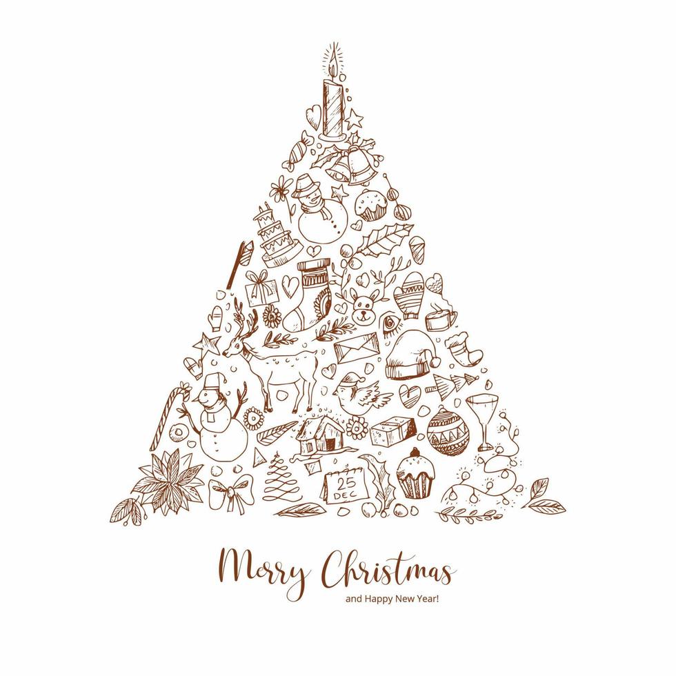 Merry christmas decorative sketch tree card on white background vector