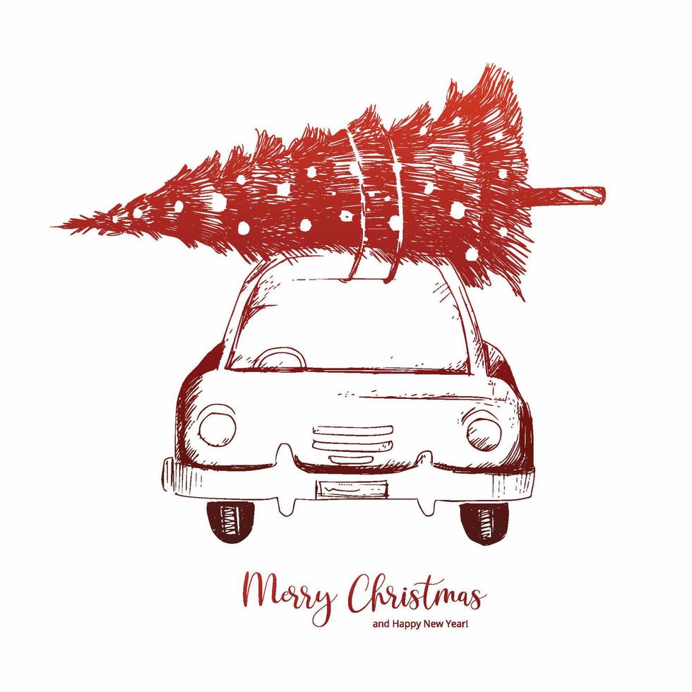 Hand draw tree delivery car sketch christmas background vector