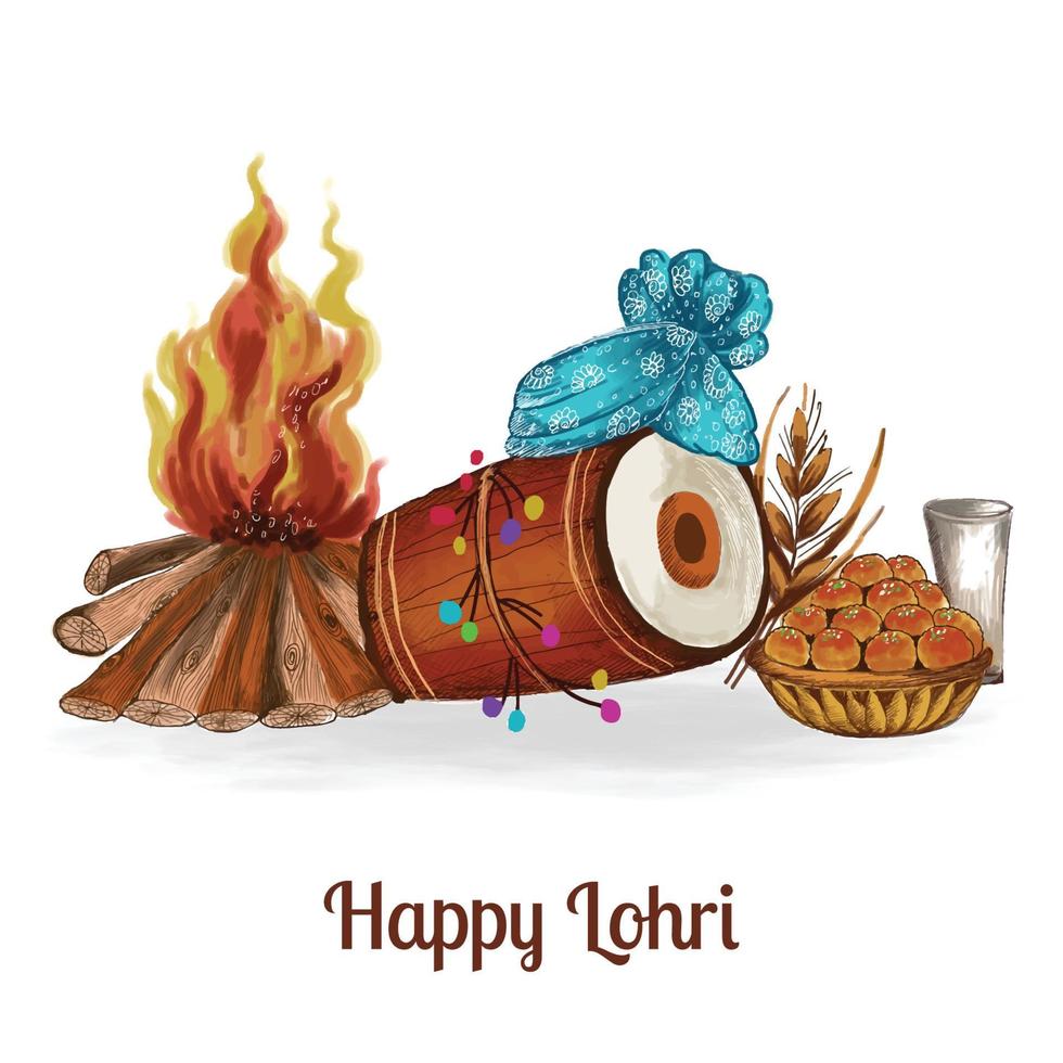 Indian punjabi festival of lohri celebration fire background with decorated drum design vector