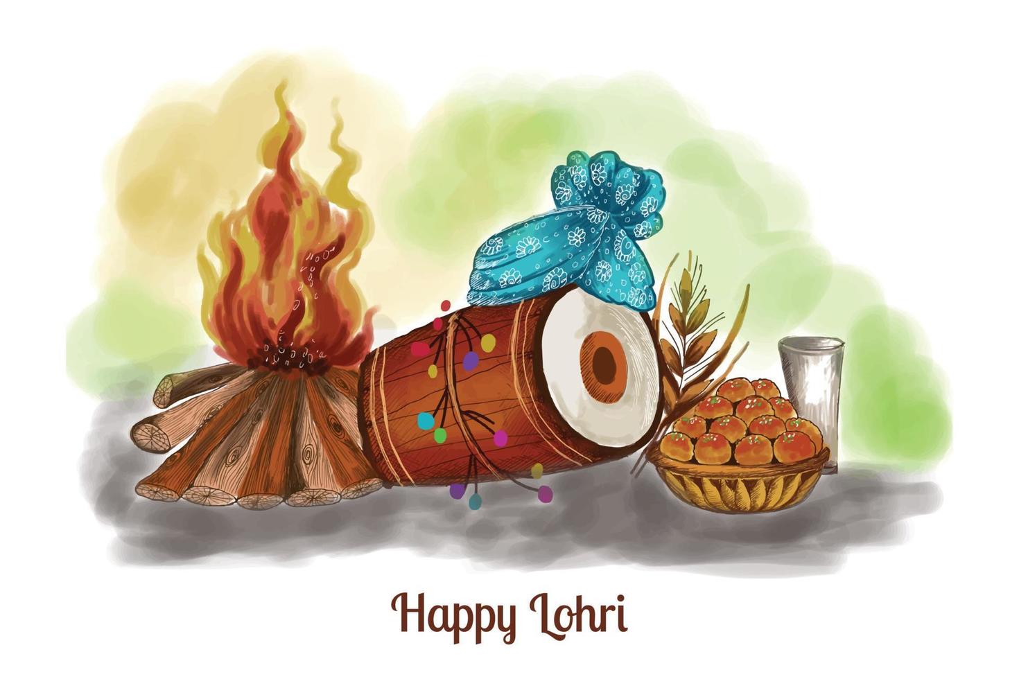 Indian punjabi festival of lohri celebration fire background with decorated drum design vector