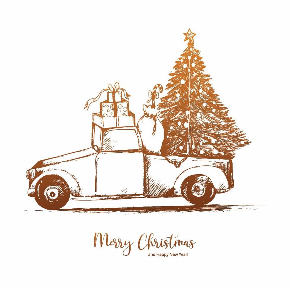 Hand draw tree delivery truck sketch christmas background vector