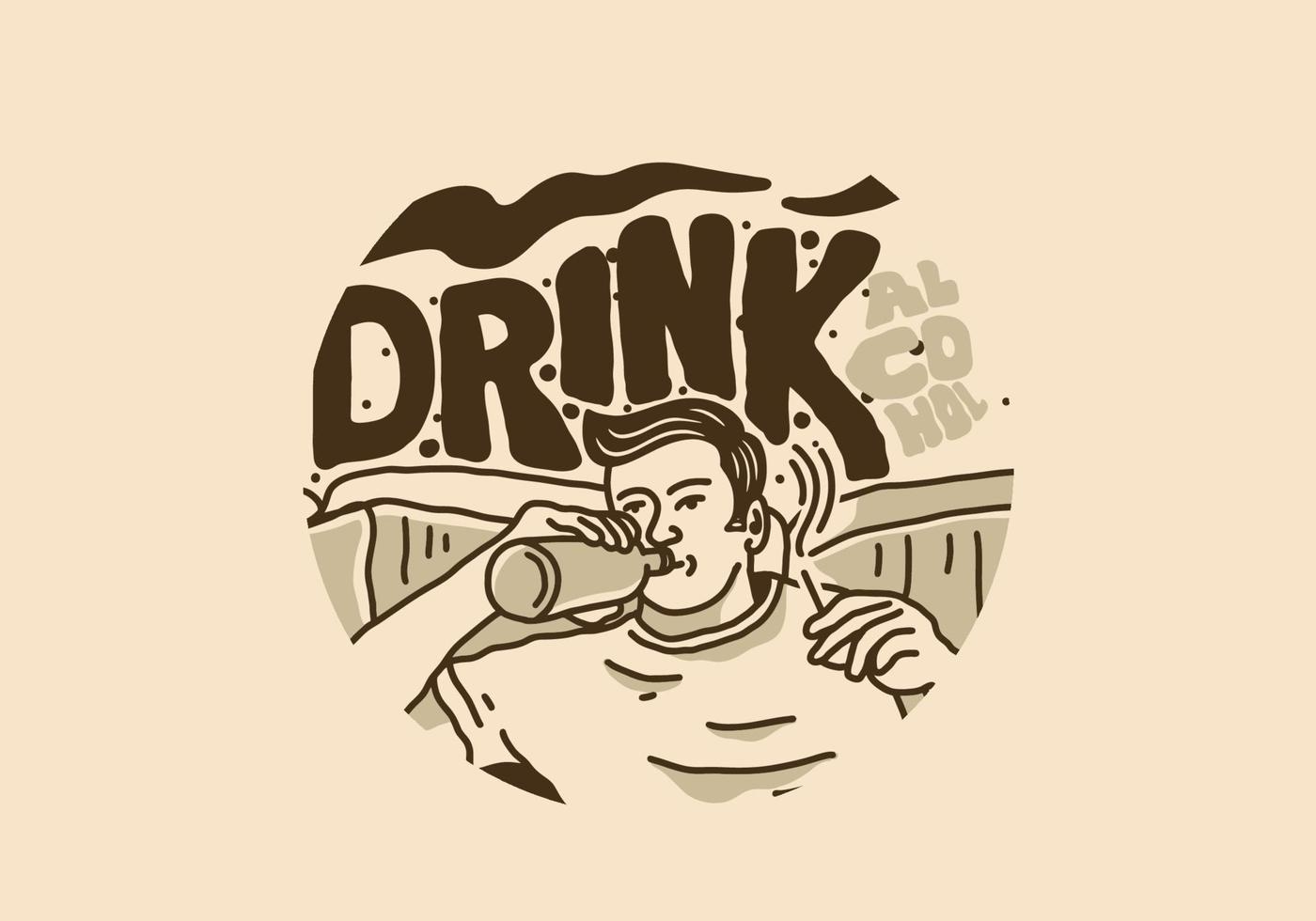 Vintage illustration drawing of man drinks alcohol vector