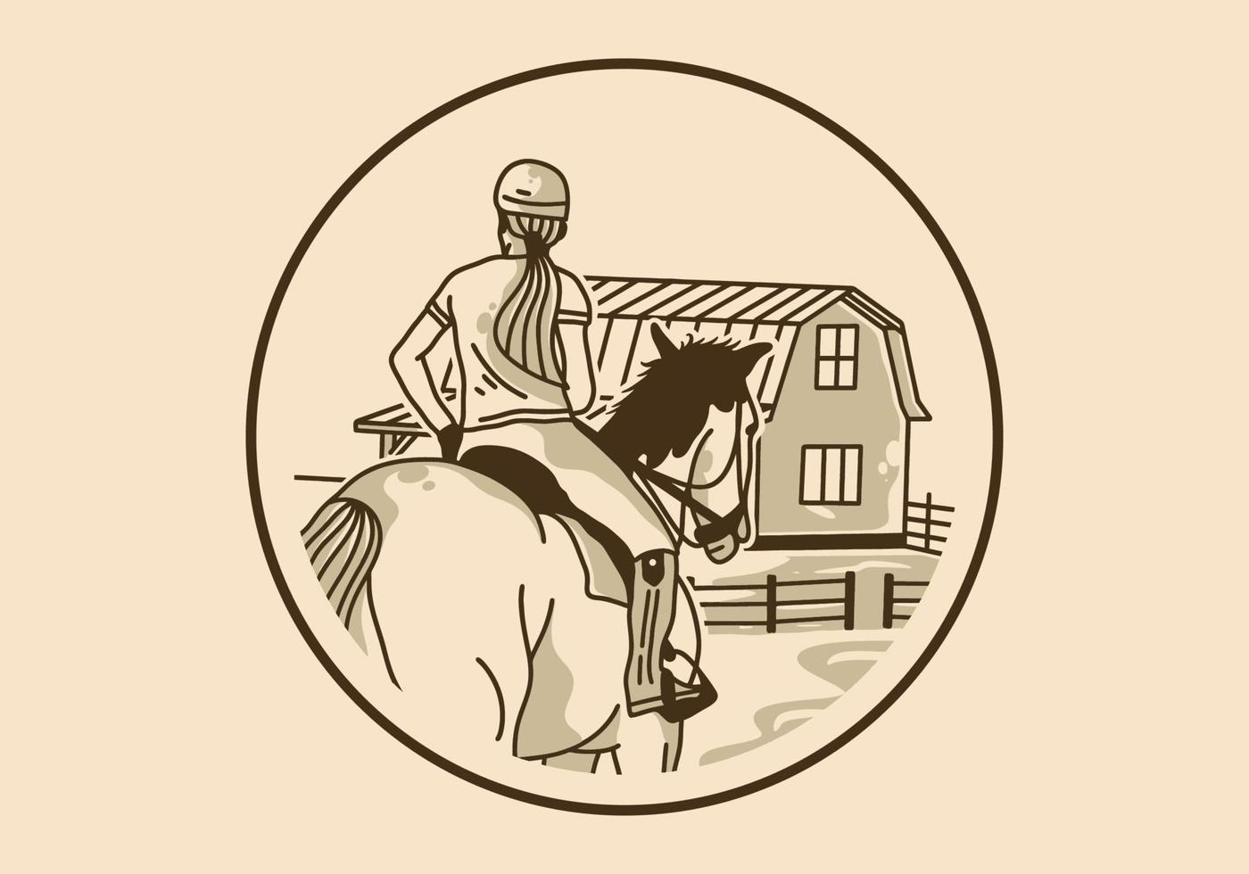 ilustración de arte vintage de mujer está montando un caballo en el marco del círculo vector