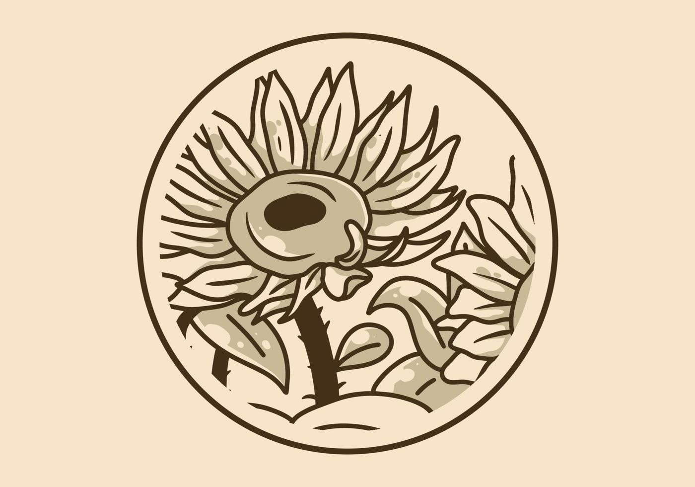 ilustración de arte vintage de girasoles en el marco del círculo vector