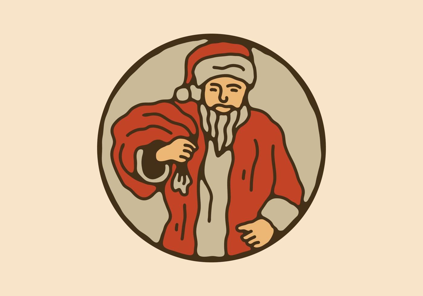 Vintage illustration drawing of santa claus carries a sack of gifts vector