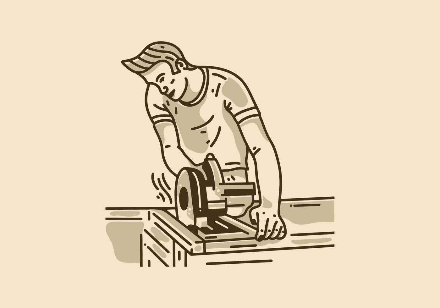 Vintage art illustration of man sawing wood with chainsaw vector