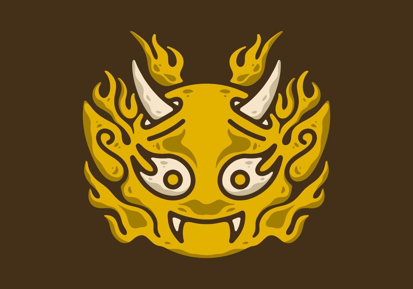 Illustration drawing of devil face with horns and flames vector