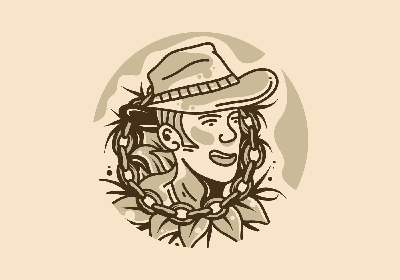 dibujo de ilustración vintage de hombres que usan sombreros de vaquero con cadenas y hojas a su alrededor vector