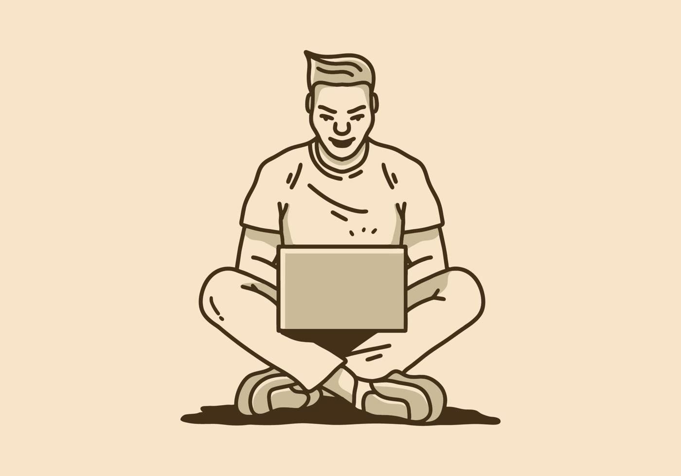 Vintage illustration of man is sitting and holding laptop vector