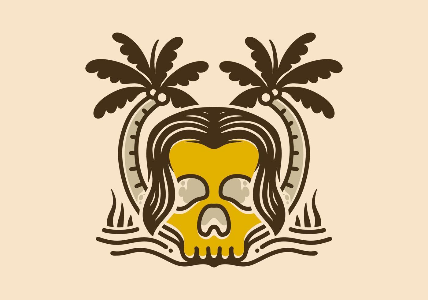 Illustration design of a skull with long hair and two coconut trees vector
