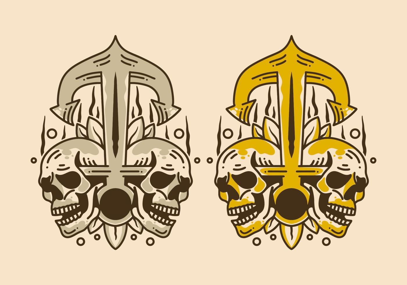 Vintage illustration design of anchor and two skulls vector
