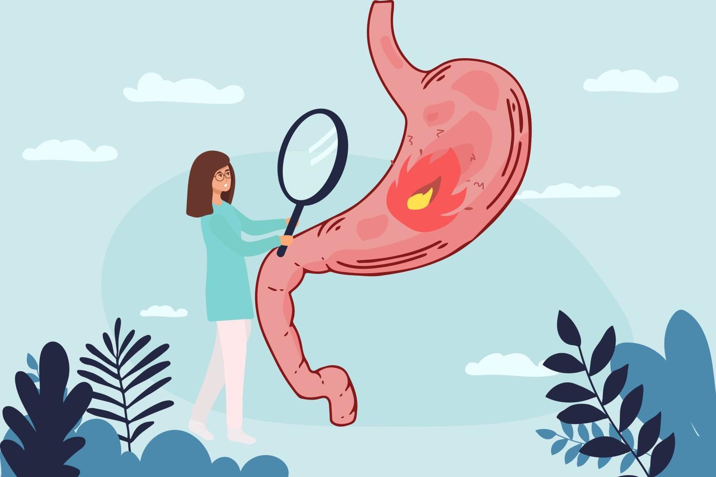 Group of doctors check up human stomach. A doctor holding magnifying glass zoom at stomach, lady Doctor using stethoscope, explaining symptoms and treatment, digestive system, intestinal and gastro vector