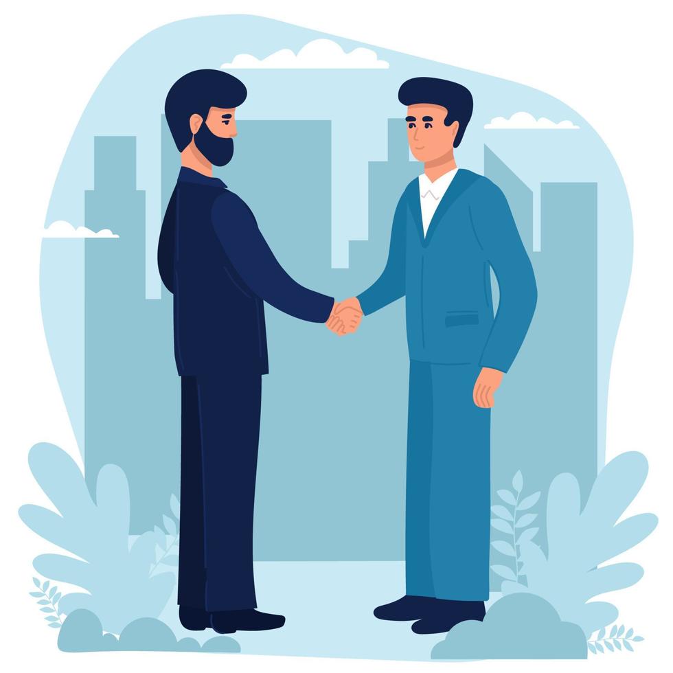 Business partnership. Illustration of business people in suits shaking hands. Flat design . Vector 10 EPS,