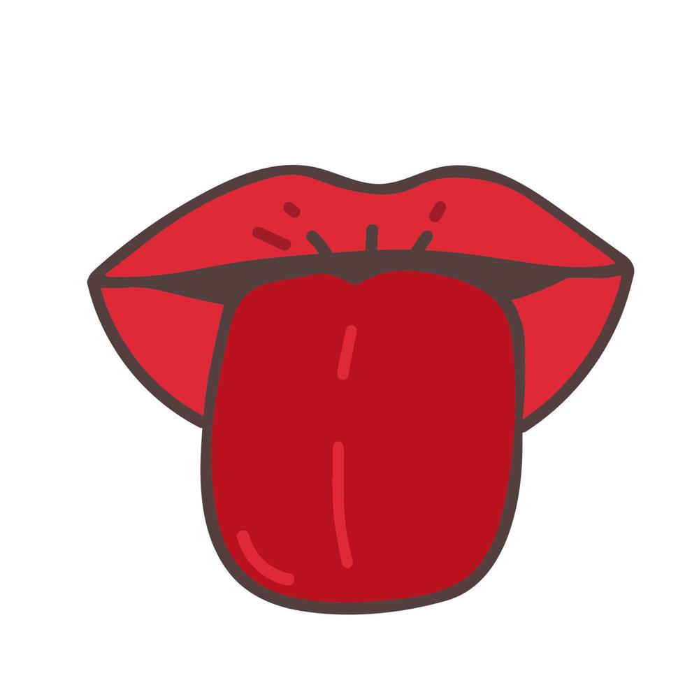 Pop art vector speaking red lips. Sexy woman's Half-open mouth, licking, tongue sticking out, conversation. Isolated on color square