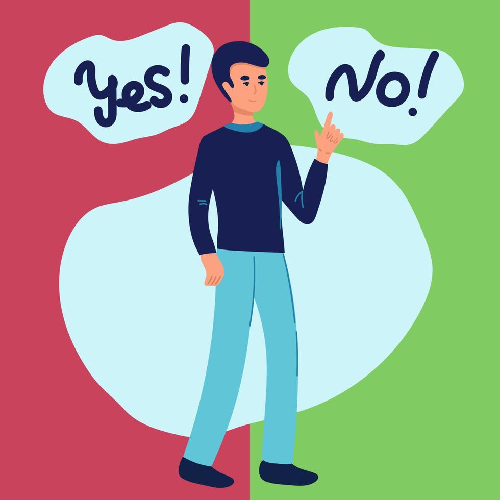 Man making choice between yes or no . Person thinking about question of good investment flat vector illustration. Financial cost, payment concept for banner, website design or landing web page