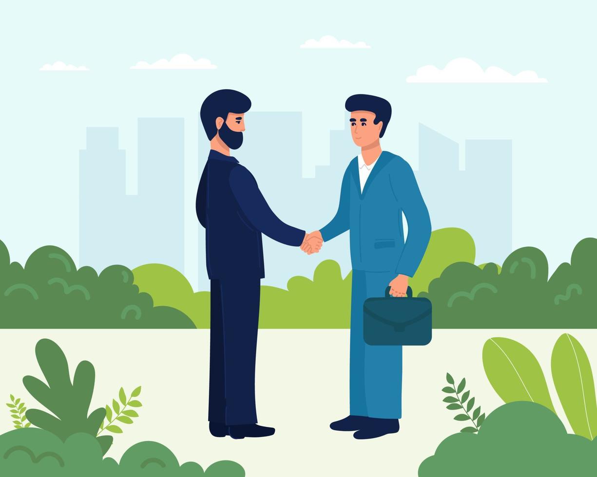 Business partnership. Illustration of business people in suits shaking hands. Flat design isolated on a white background. Vector 10 EPS.