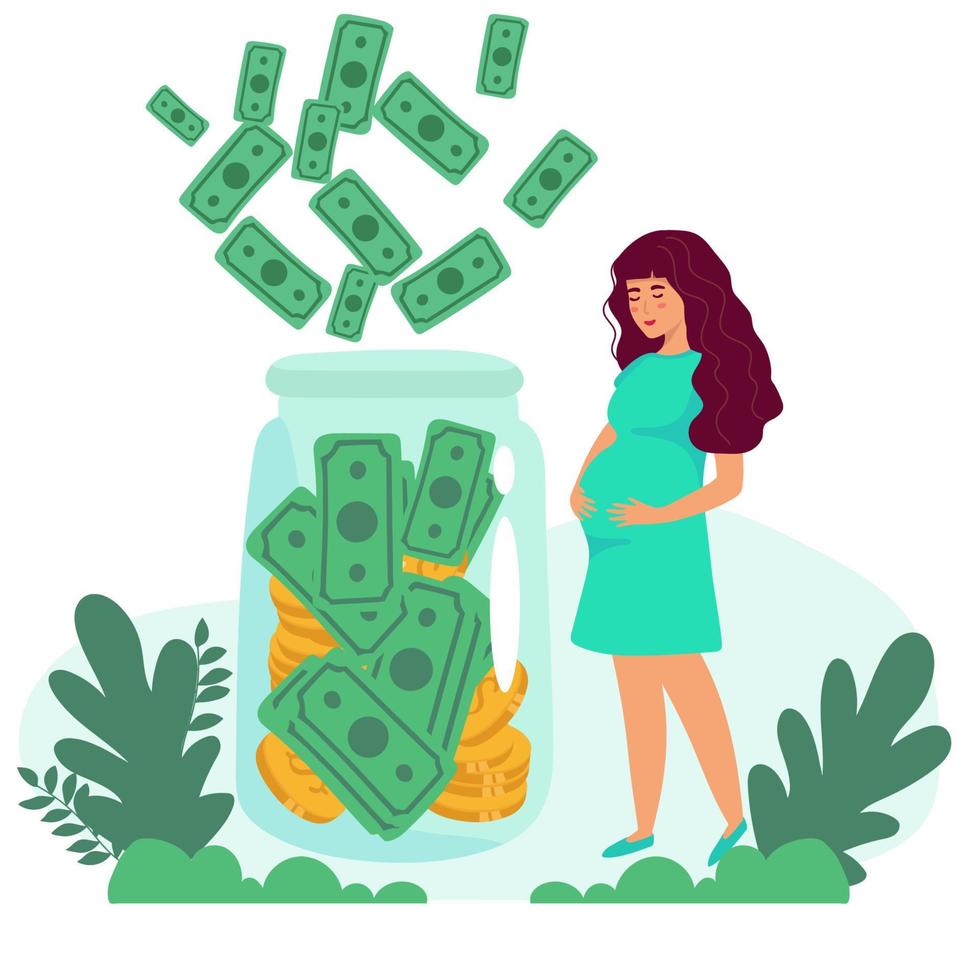 bolso de mujer embarazada joven. mujer embarazada y dinero. ilustraciones de diseño plano vectorial aisladas en fondo blanco vector