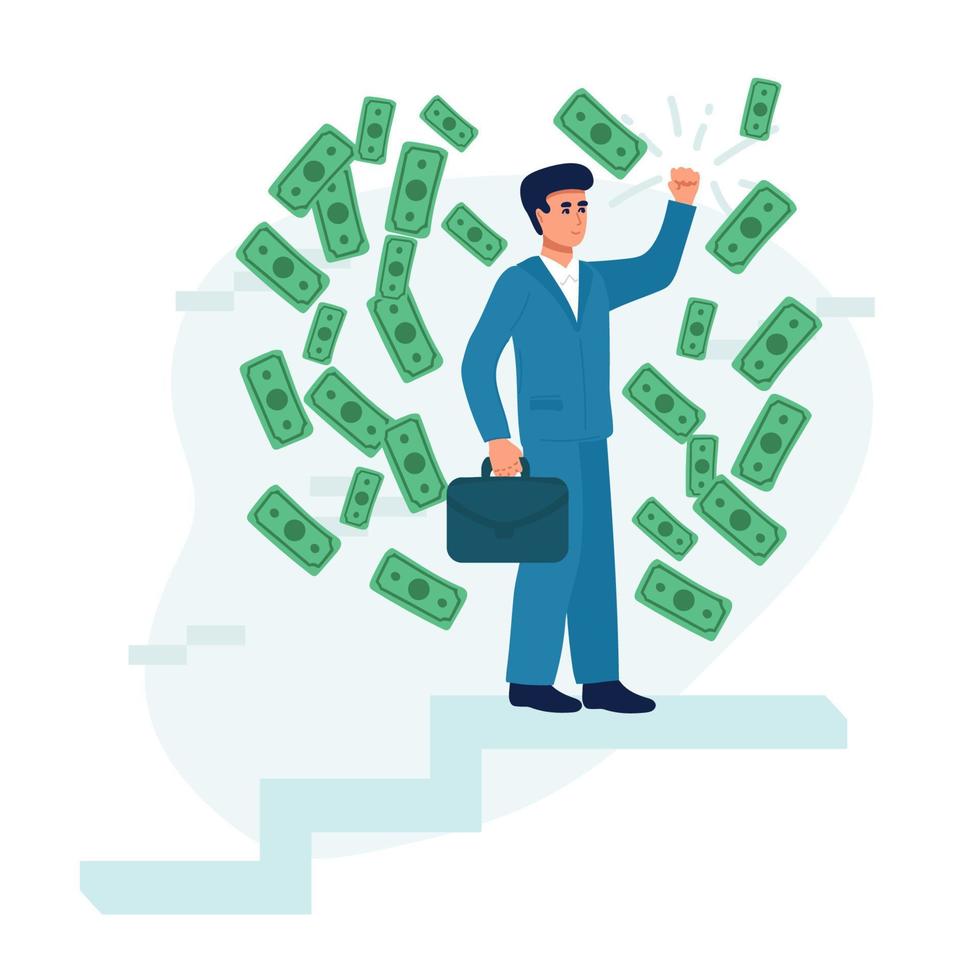 Hope to success in business, accomplishment or reaching business goal, reward and motivation concept, smart confident businessman climb up stair to the top to reaching to grab precious star reward vector