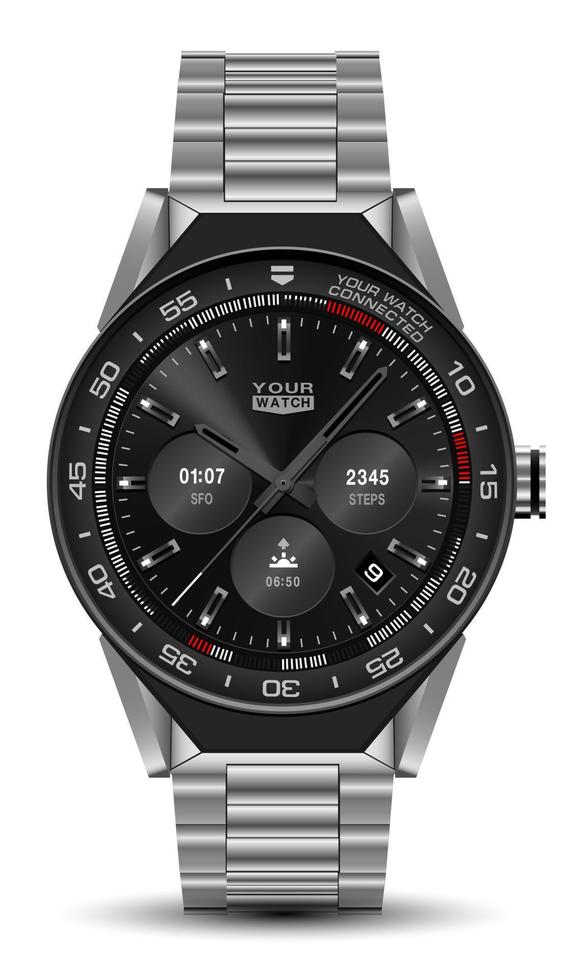 Realistic watch clock chronograph stainless steel black design modern luxury fashion object for men on white background vector