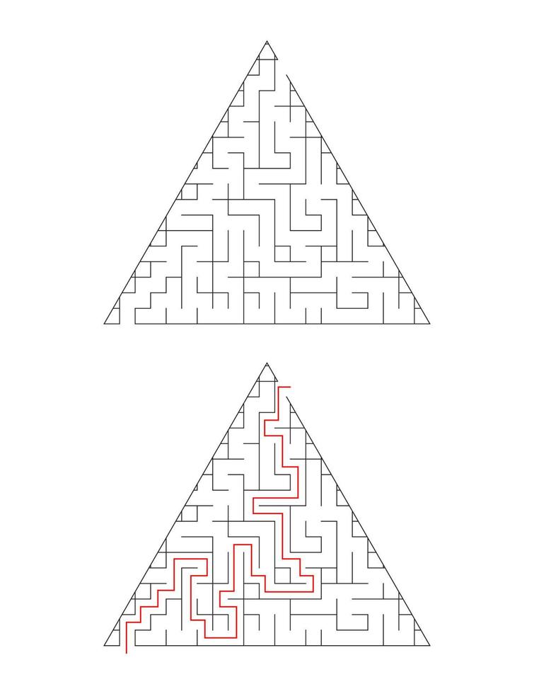 The triangular maze has an entrance and an exit. Maze with the answer, the path of passage vector