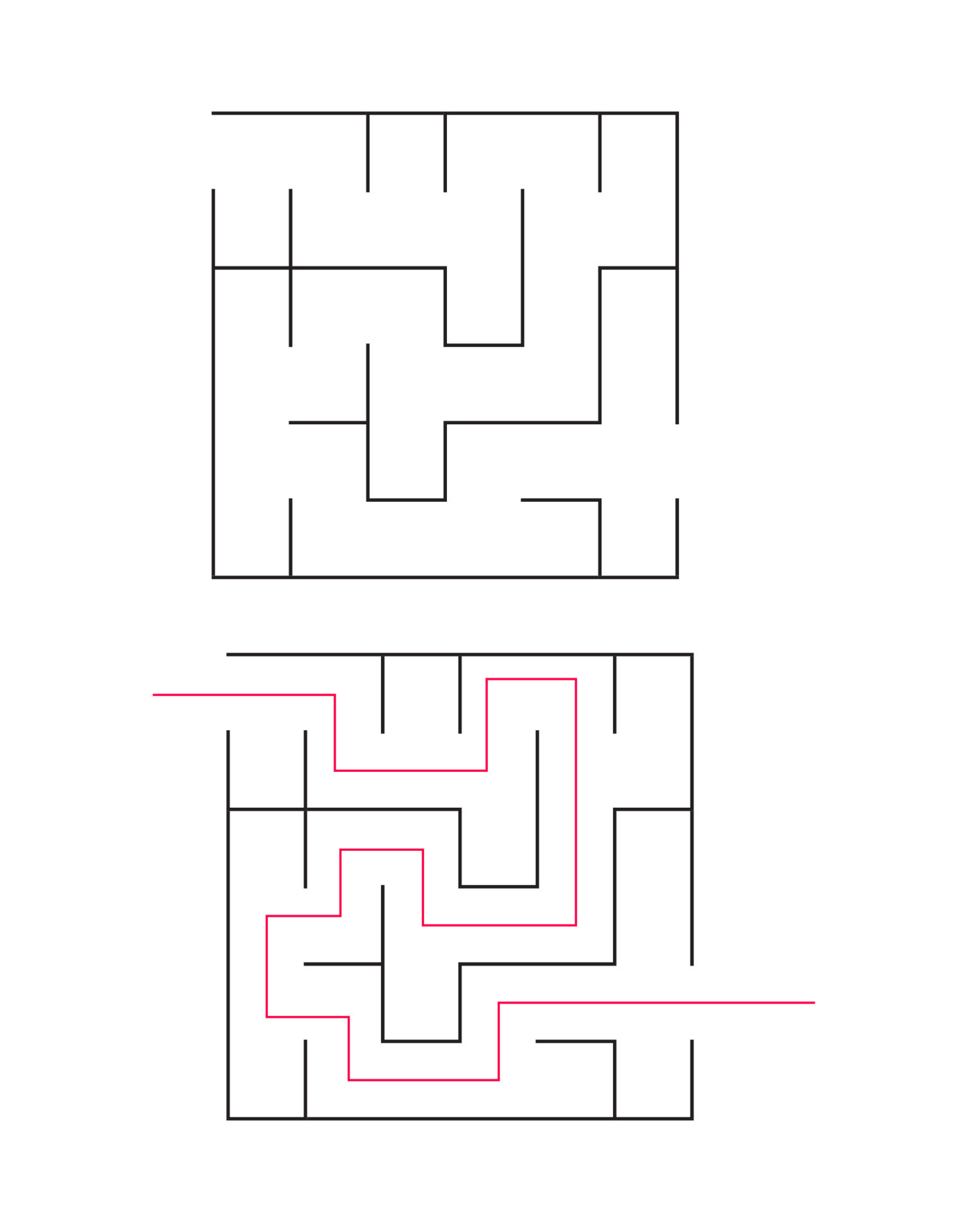 The square maze has an entrance and an exit. Maze with the answer, the