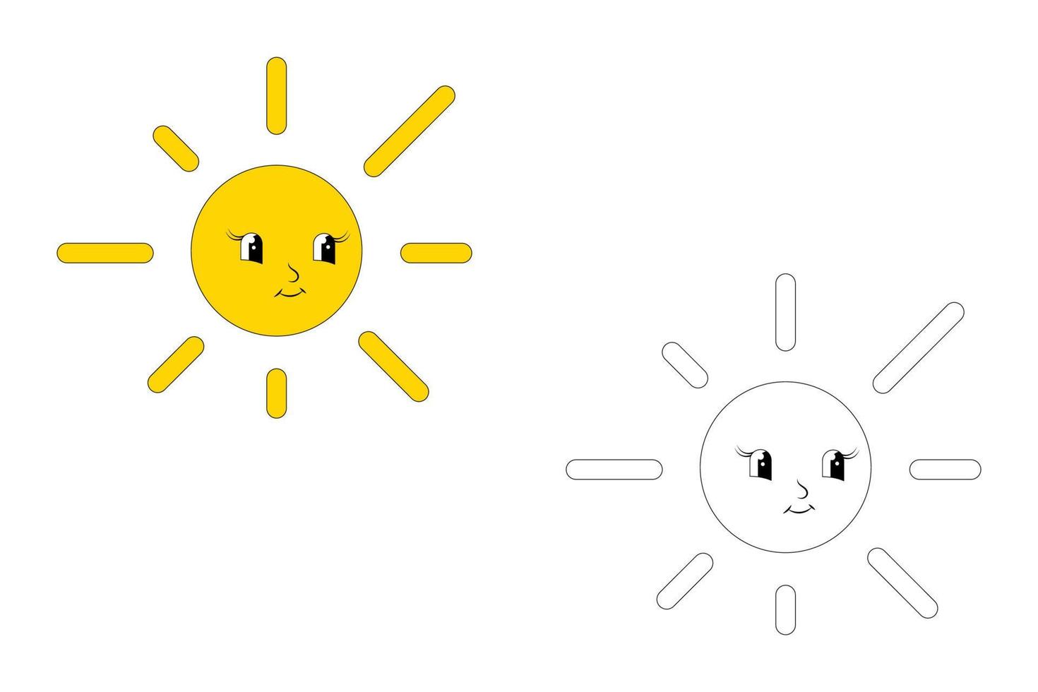 Set the sun with a cheerful face. Children's illustration. Yellow and contour sun vector