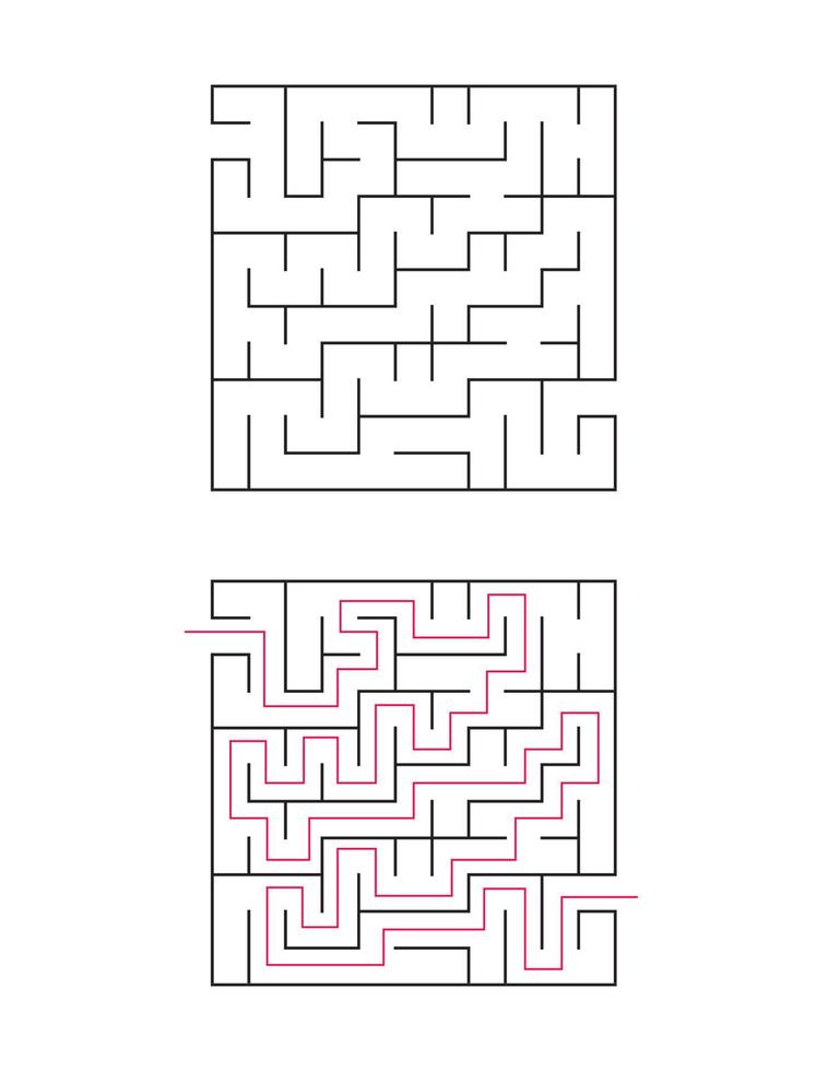 The square maze has an entrance and an exit. Maze with the answer, the path of passage vector