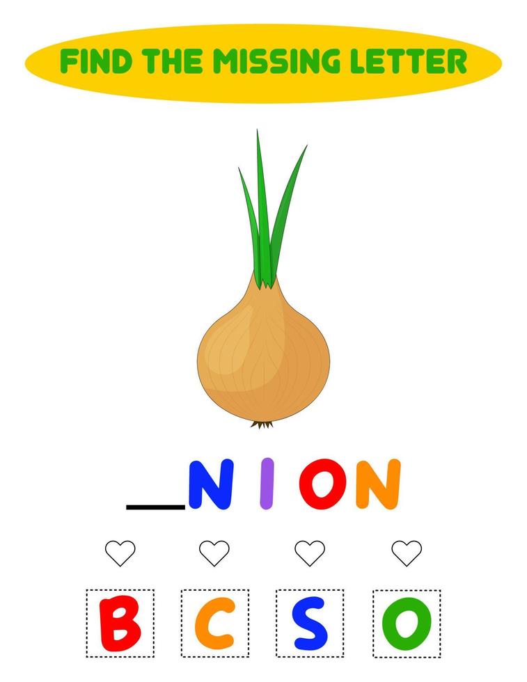 Educational spelling game for kids.Education puzzle for children find missing letter of cute cartoon onion printable bug worksheet vector