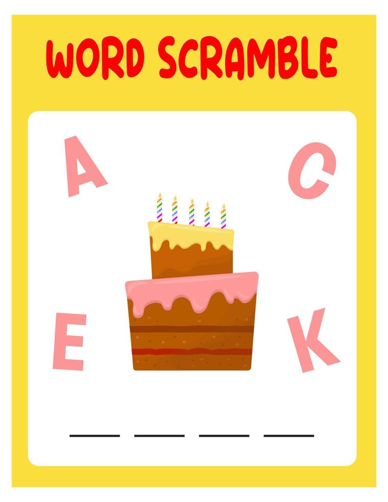 Cake Word scramble . Educational game for kids. English language spelling worksheet for preschool children vector