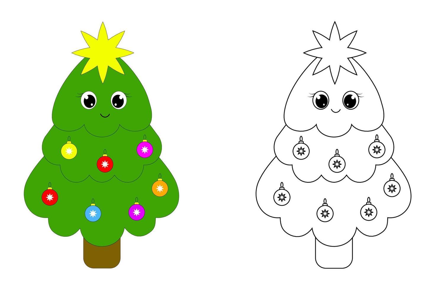 lindo árbol de navidad. árbol kawaii verde y contorno con bola. vector