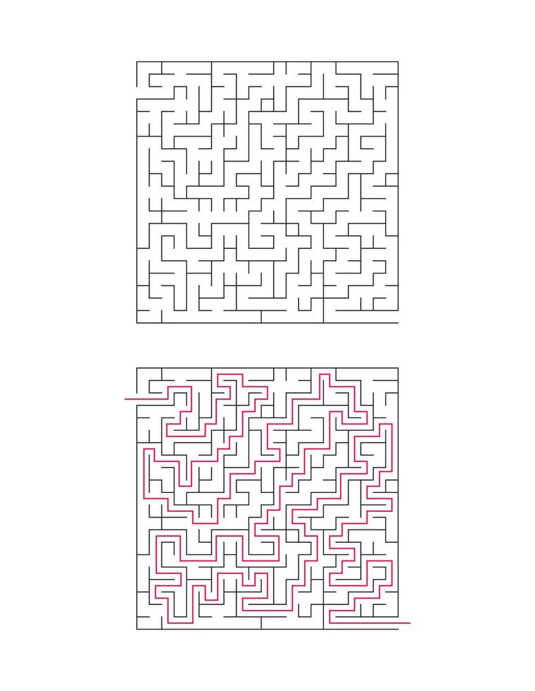 The square maze has an entrance and an exit. Maze with the answer, the path of passage vector