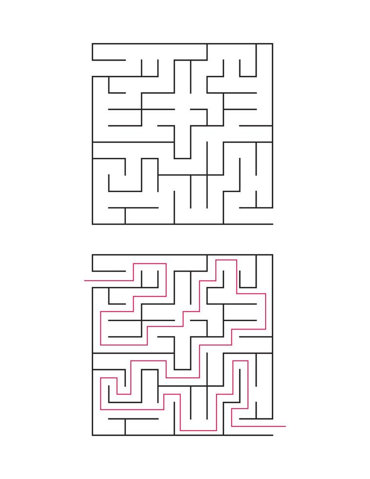 The square maze has an entrance and an exit. Maze with the answer, the path of passage vector