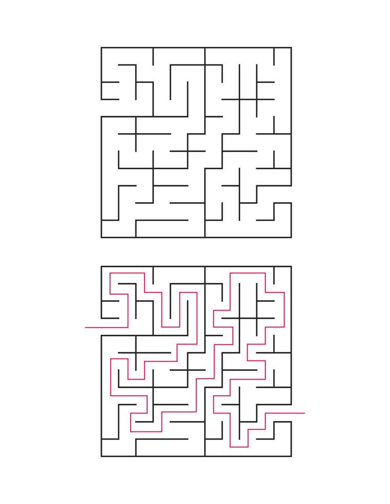 The square maze has an entrance and an exit. Maze with the answer, the path of passage vector