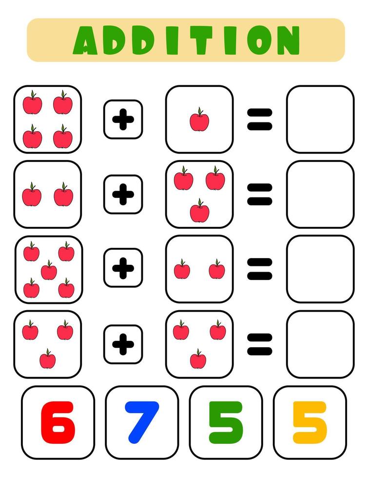 adición de manzanas. una tarea para los niños. hoja de desarrollo educativo. página de actividades de colores. un juego para niños. personaje divertido estilo de dibujos animados vector
